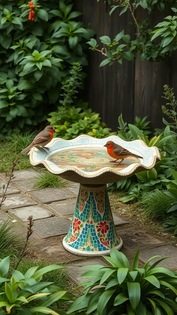 A colorful mosaic bird bath with two birds perched on the edge, surrounded by lush greenery.
