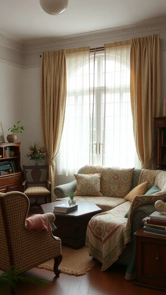 A cozy living room with worn-in textiles, featuring a patterned couch, soft curtains, and wooden furniture.