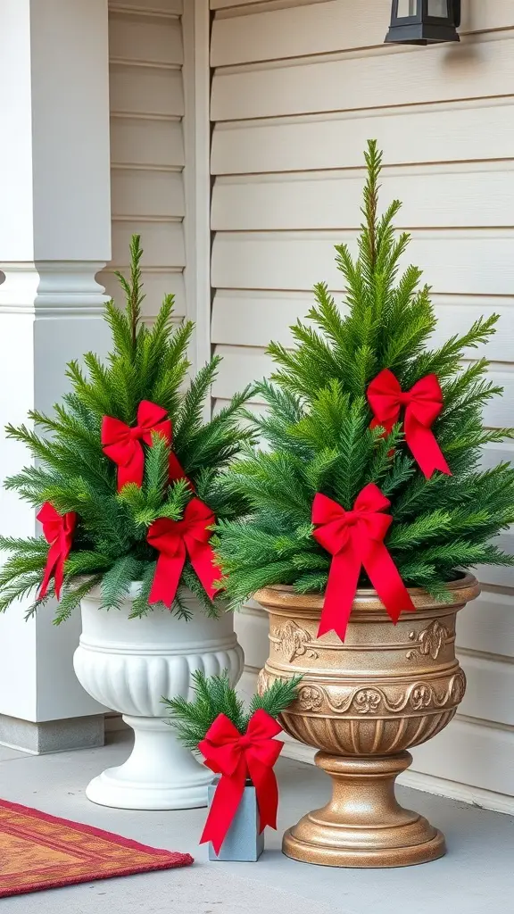 Seasonal planters with evergreen foliage and red bows on a porch