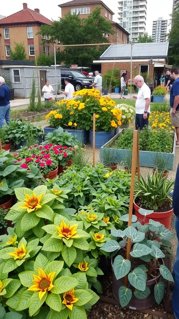 29+ Creative Street Garden Ideas for a Stunning Urban Oasis 18 A community garden with people gathered around raised beds filled with various plants.