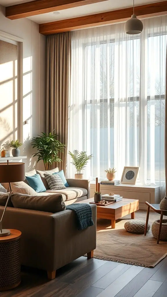 Bright living room with brown and blue decor, large windows, and plants
