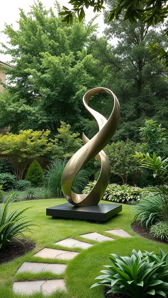 A modern sculpture in a backyard surrounded by greenery and stone pathways.