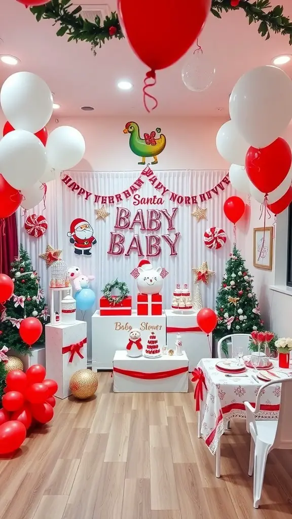 A festive Santa Baby baby shower decoration with red and white balloons, a backdrop, and themed table settings.