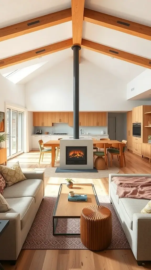 31+ Inspiring Wood Burning Stove Living Room Ideas 8 Open concept living room featuring a central wood-burning stove, comfortable seating, and natural light.