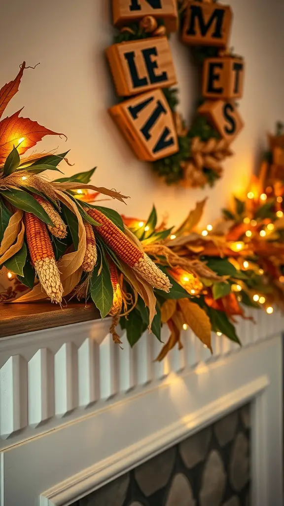 29+ Creative Thanksgiving Party Decorations You Need to Try 11 A festive Thanksgiving garland with leaves, corn, and lights on a mantel.