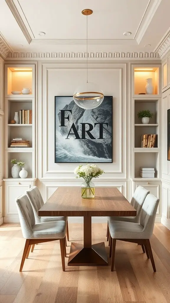 A stylish dining room featuring built-in storage shelves, a wooden table, and upholstered chairs.