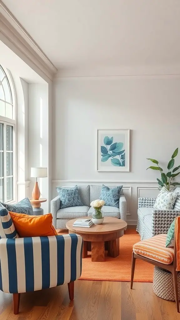 A bright living room featuring striped and floral patterns in blue and orange.