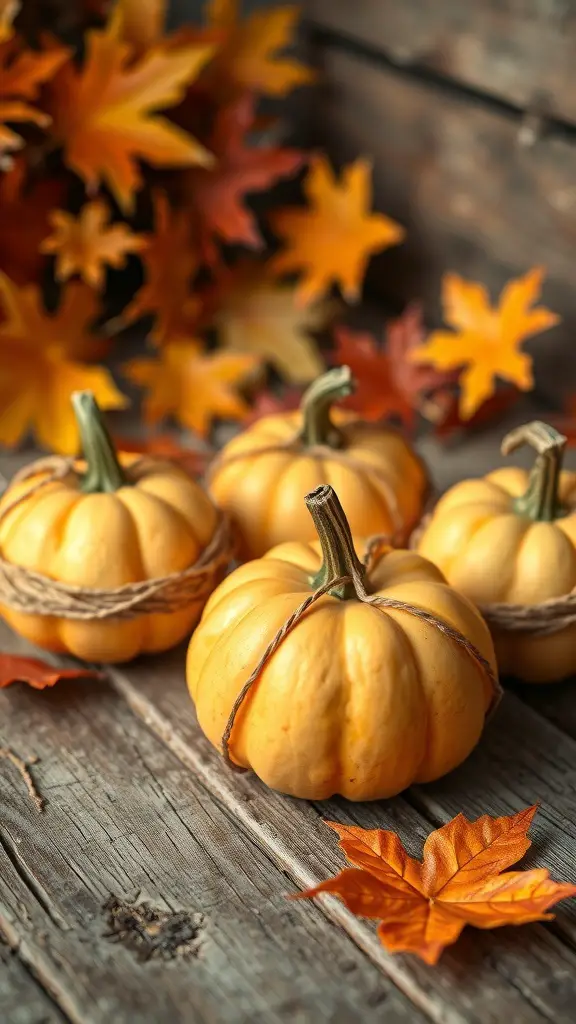 Twine-wrapped pumpkins on a wooden surface with autumn leaves
