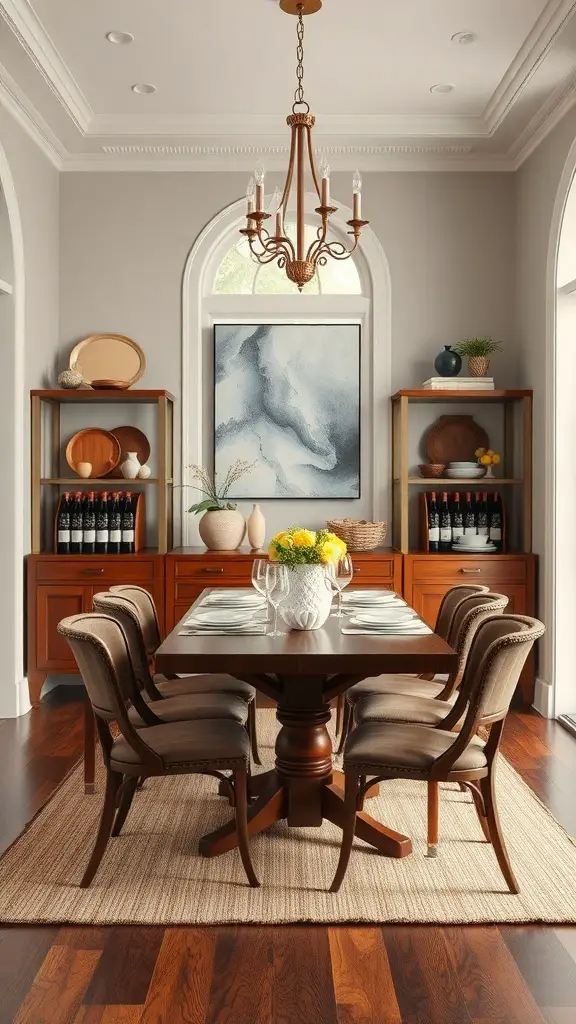 A stylish dining room with a wooden storage wall, a large table set for dining, and decorative elements.