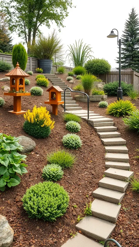 A small sloped garden featuring bird feeders, a stone pathway, and various plants.