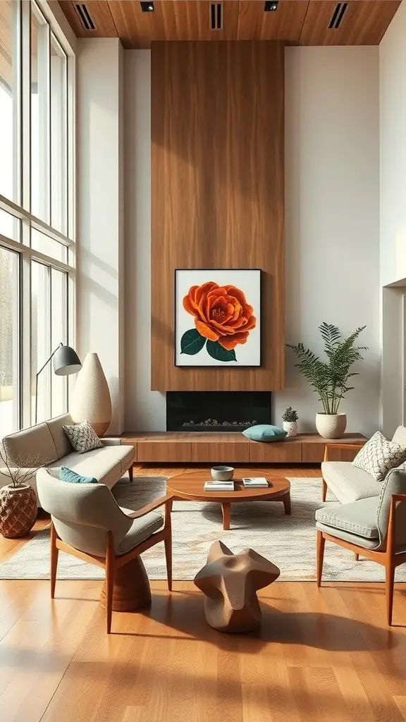 A mid-century modern living room featuring sculptural elements like a star-shaped coffee table and vibrant wall art.