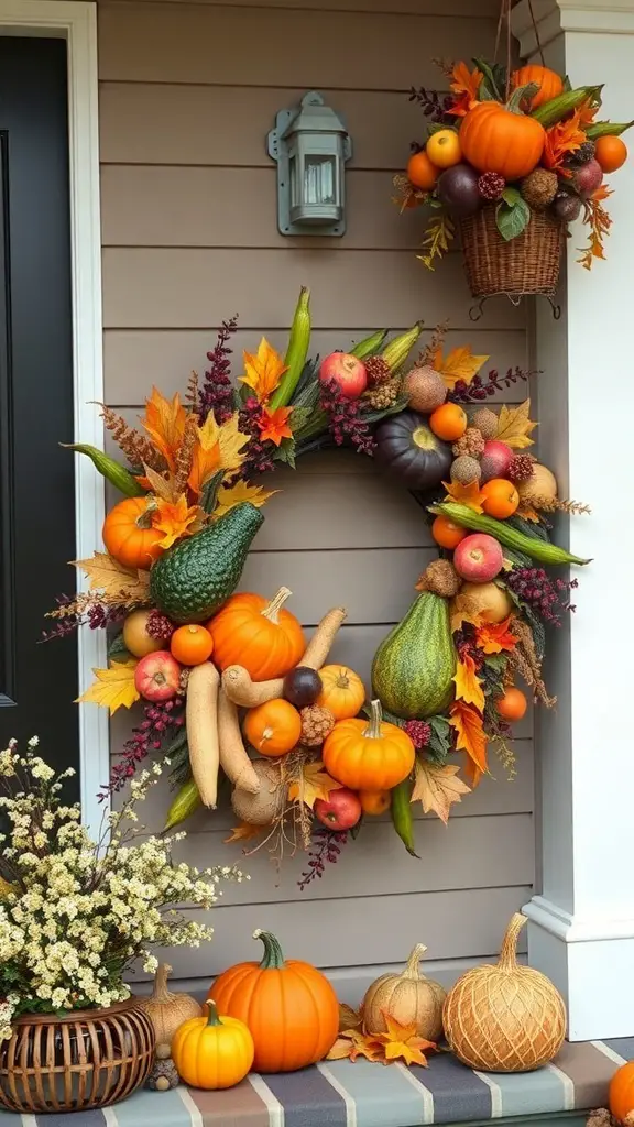 29+ Elegant Fall Wreaths to Enhance Your Home Decor 13 A traditional cornucopia wreath featuring pumpkins, gourds, and autumn leaves, displayed on a door.