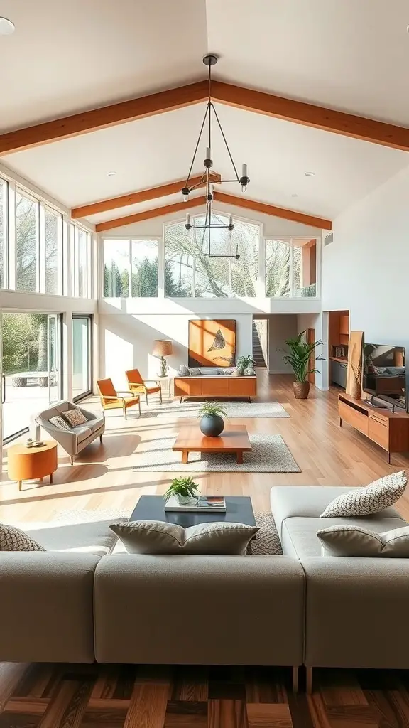 31+ Inspiring Mid Century Decor Ideas for a Stylish Home 5 A spacious living room with high ceilings, large windows, and mid-century decor elements.