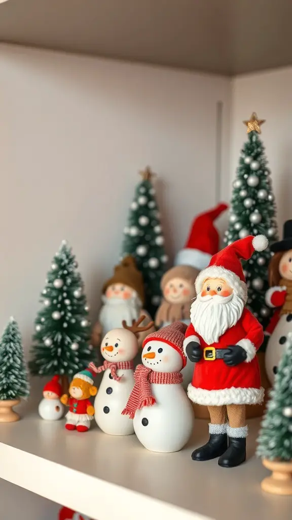 33+ Festive Christmas Party Decor Ideas to Elevate Your Holiday Celebration 18 A collection of playful holiday figurines including Santa Claus, snowmen, and Christmas trees on a shelf.