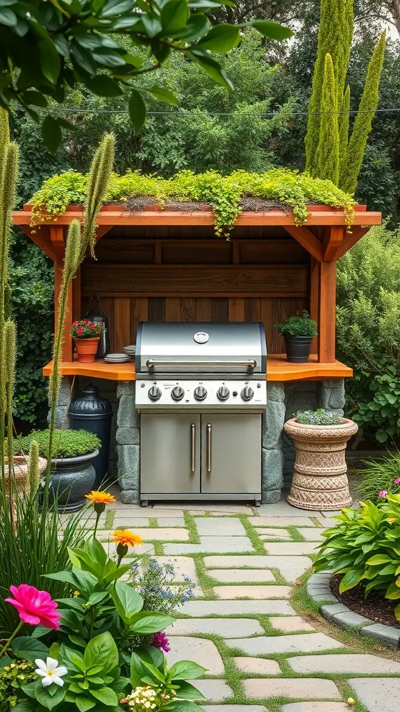 27+ Must-Have Items for the Ultimate Outdoor Grill Station 20 Outdoor grill station surrounded by greenery and colorful flowers