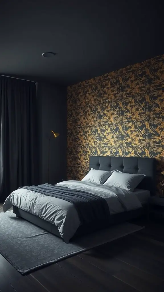 A dark modern bedroom featuring a bold patterned accent wall, simple furnishings, and warm lighting.