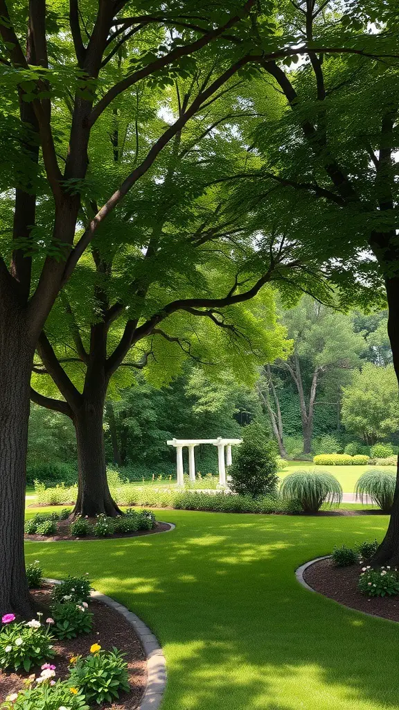 27+ Stunning English Garden Landscaping Ideas You’ll Love 16 A serene garden with tall trees providing shade, featuring a manicured lawn and a white gazebo in the background.