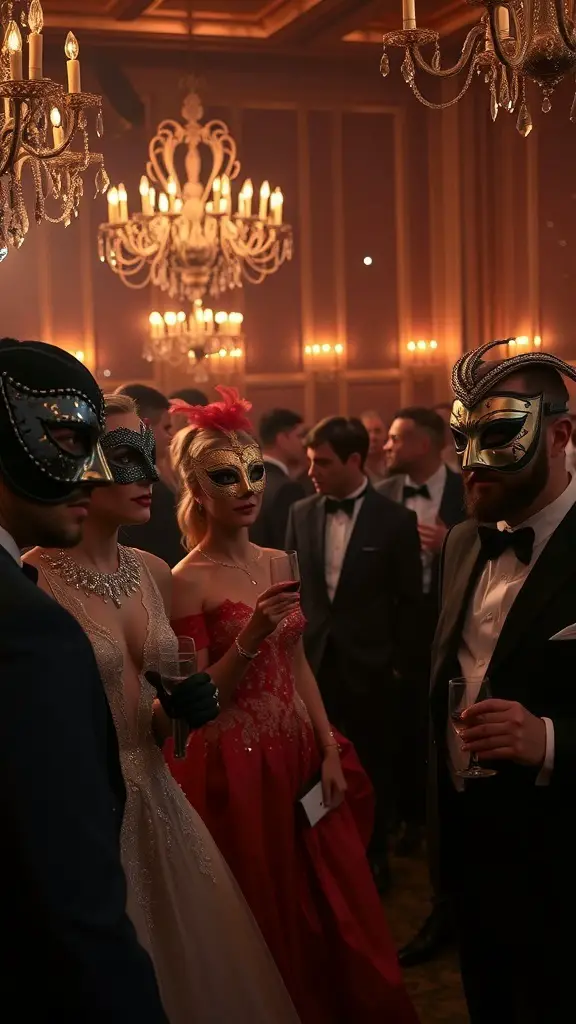 A group of elegantly dressed individuals wearing masks at a masquerade party.