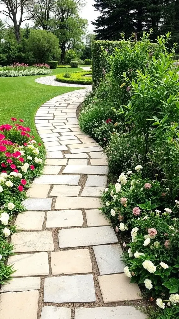 A winding pathway made of natural stone surrounded by colorful flowers and lush greenery.