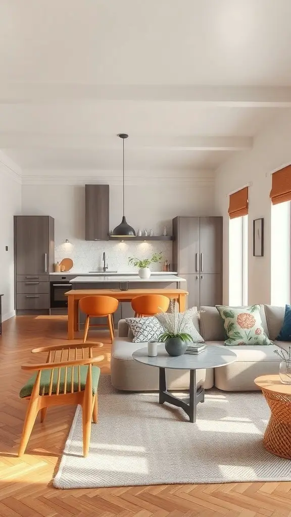 27+ Stunning Open Plan Kitchen Living Room Ideas to Transform Your Space 3 Open plan kitchen and living room featuring warm wood tones and pops of orange.