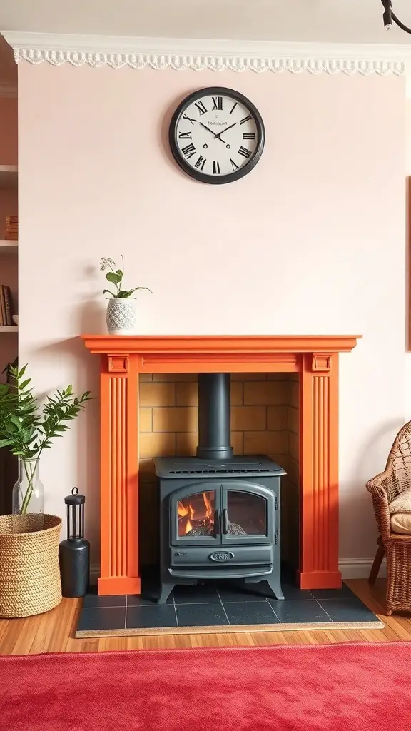 29+ Stunning Wood Stove Fireplace Surround Ideas to Warm Up Your Home 14 A colorful orange painted fireplace surround with a wood stove, set against a pink wall.