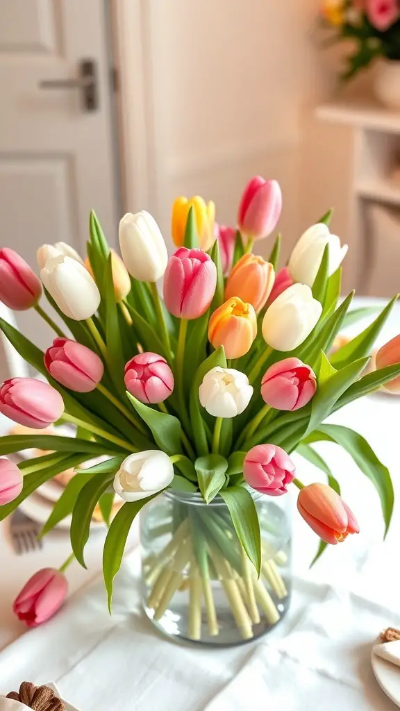 27+ Adorable Baby Shower Flower Centerpieces You'll Love 11 A vibrant arrangement of pink, white, and yellow tulips in a clear vase.