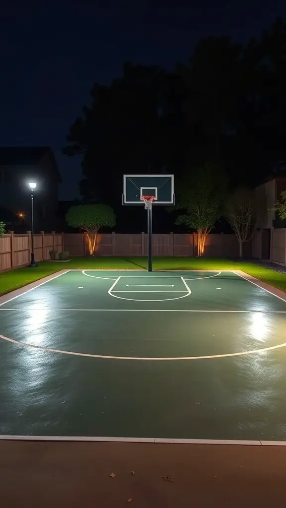 25+ Inspiring Backyard Basketball Court Ideas 5 A well-lit basketball court at night with a hoop and bright lights