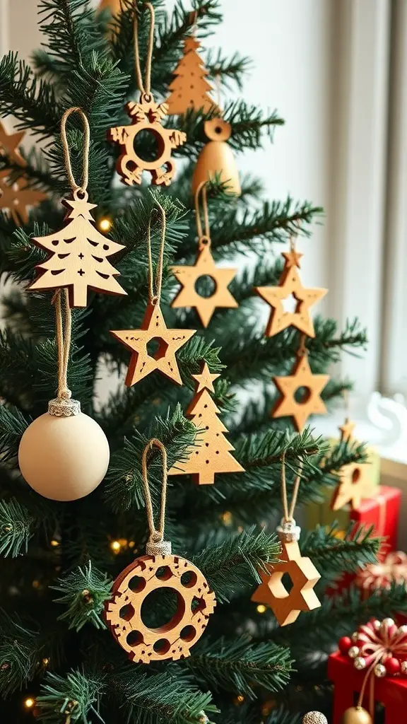 A Christmas tree adorned with handcrafted wooden ornaments in various shapes.