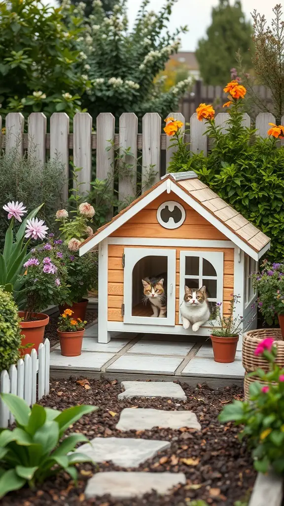 31+ Creative Outdoor Cat House Ideas for Your Feline Friend 8 A stylish wooden cat house in a garden with two cats peeking out, surrounded by flowers and plants.