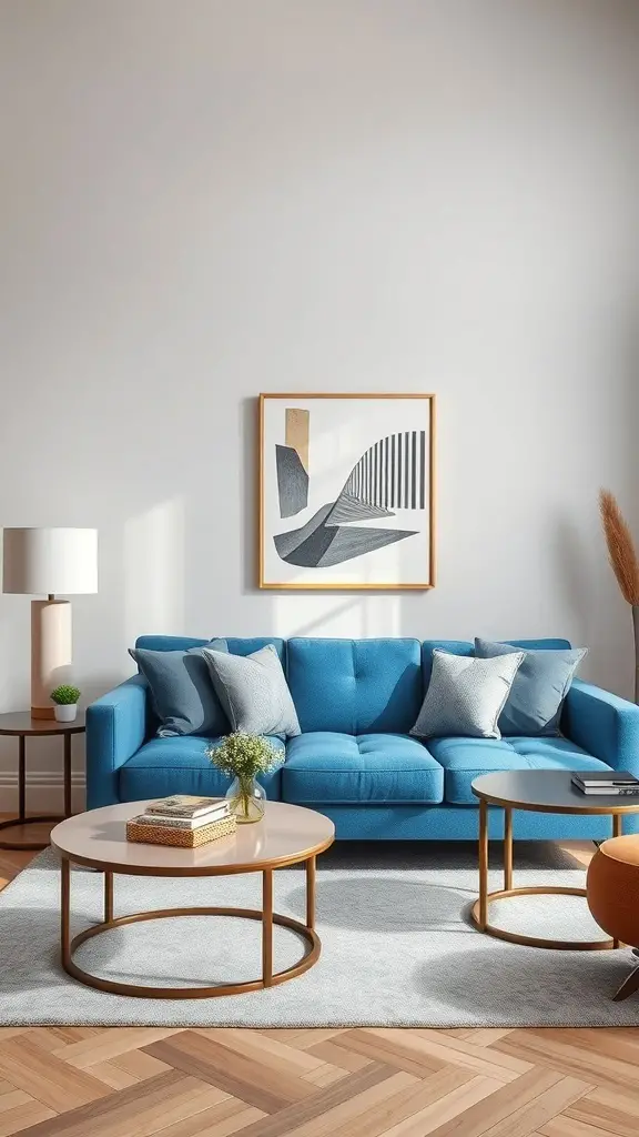 29+ Stunning Blue Couch Living Room Ideas You’ll Love 14 A stylish living room featuring a blue couch, modern coffee tables, and decorative elements.