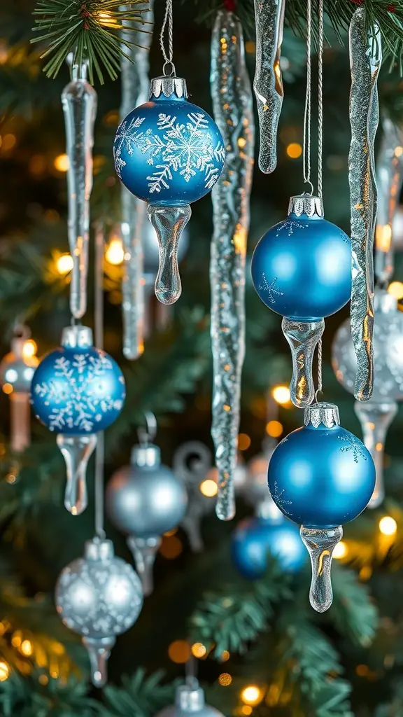 A close-up of blue and silver icicle ornaments hanging on a Christmas tree.