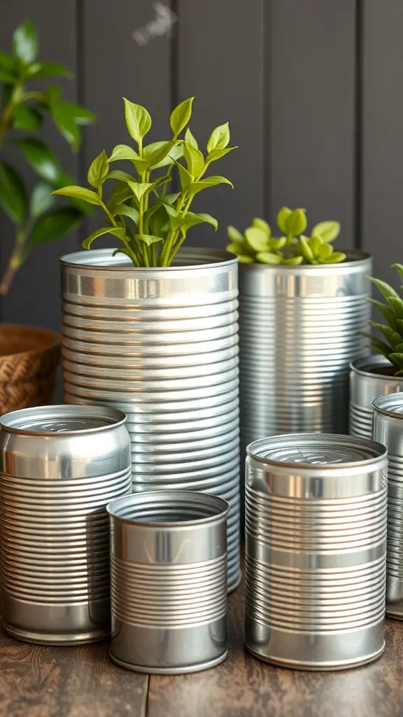 A collection of empty cans repurposed as planters with green plants inside.