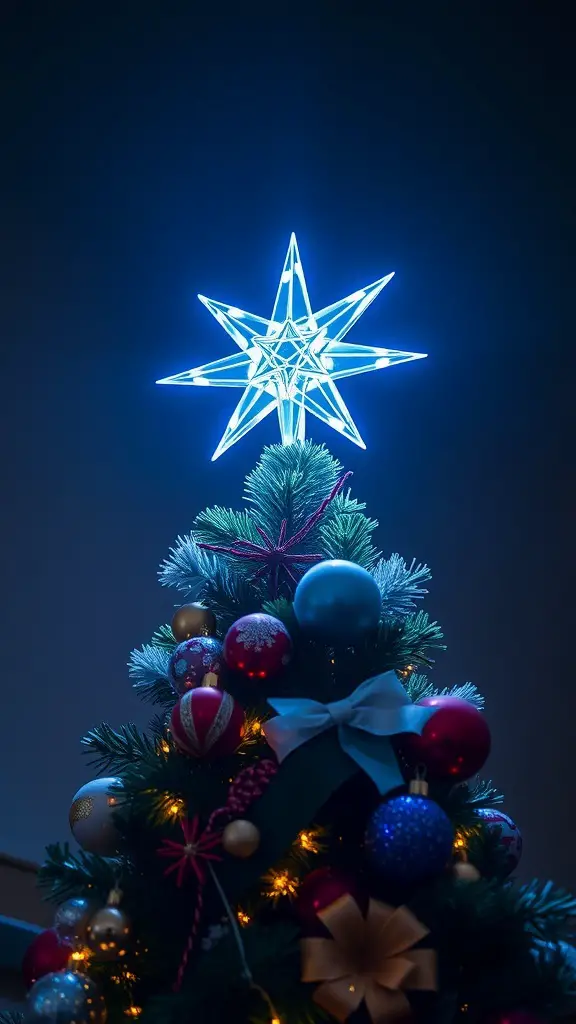 A sparkling blue star tree topper on a decorated Christmas tree