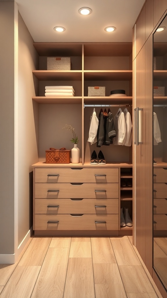 25+ Stylish Closet Ideas Featuring Dressers Inside 12 A modern closet featuring a built-in dresser with multiple drawers and open shelving.