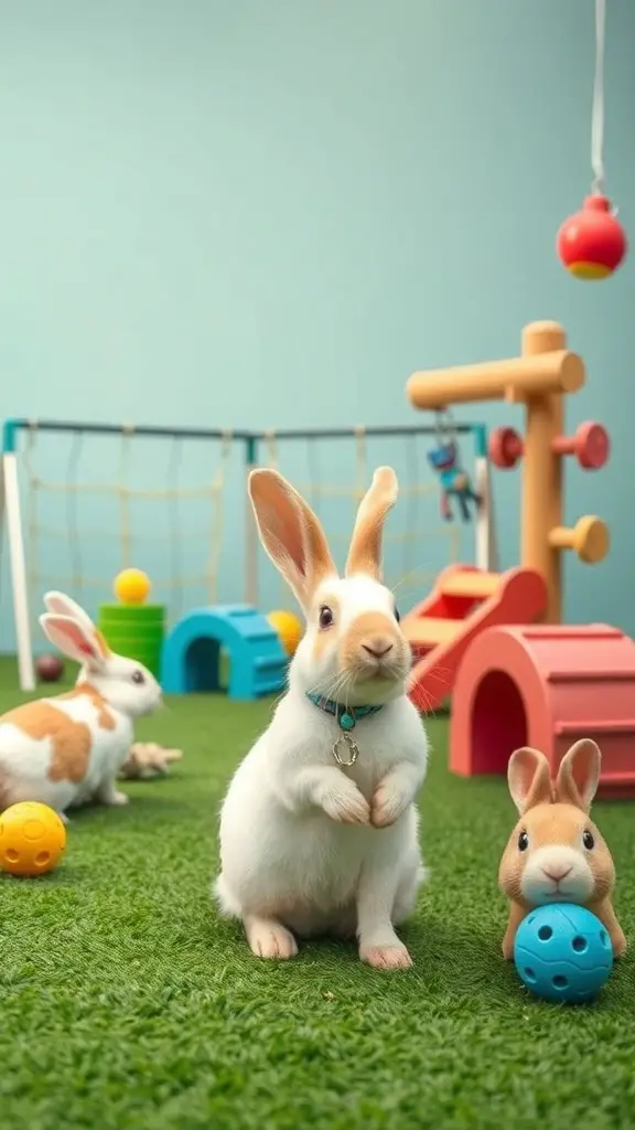 27+ Must-Have Features for the Ultimate Rabbit Playground 7 A playful scene in a rabbit playground with colorful structures and rabbits engaging in various activities.