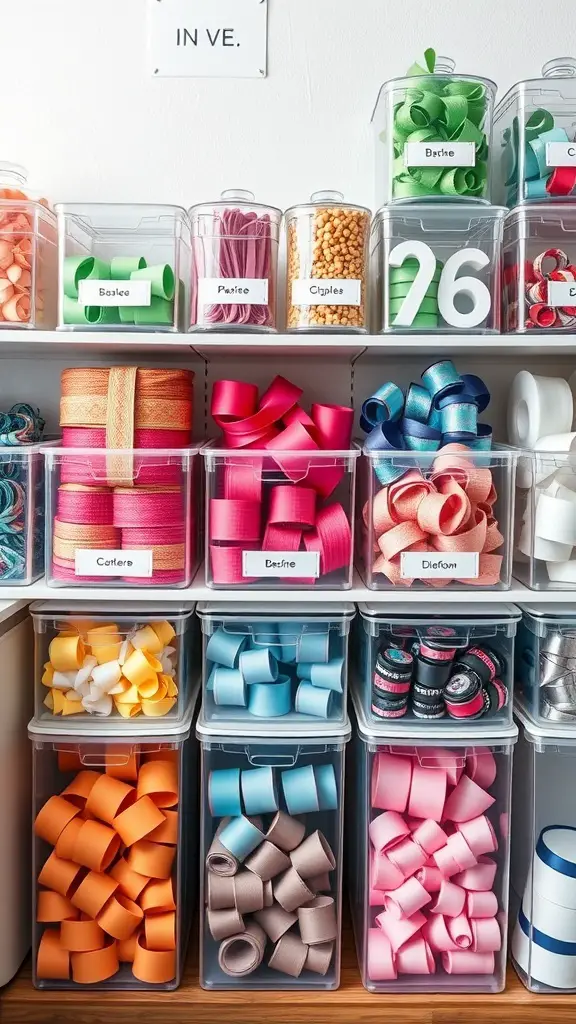 Organized ribbon storage with labeled containers on a shelf