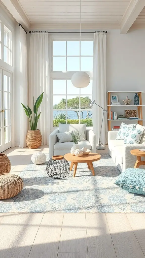 A bright and airy living room with a nautical inspired rug, featuring light colors and natural elements.