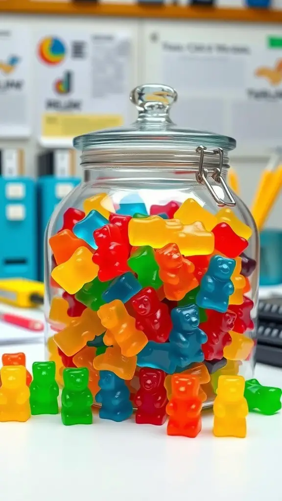21+ Creative Office Candy Jar Ideas to Sweeten Your Workspace 13 A glass jar filled with colorful gummy bears on a desk