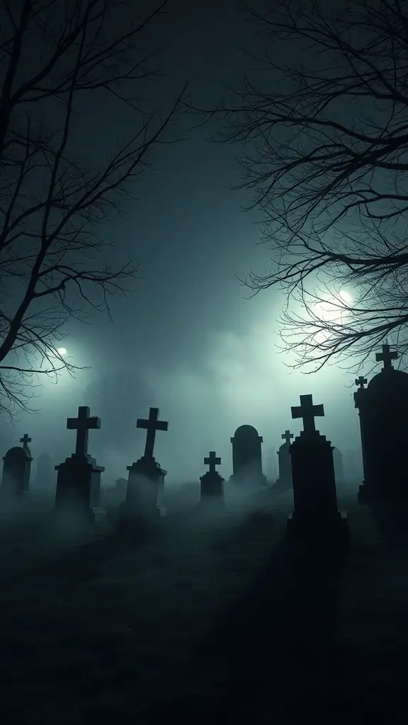 31+ Spooktacular Haunted House Ideas for Your Halloween Festival 8 A spooky graveyard scene with fog, tombstones, and eerie lighting.