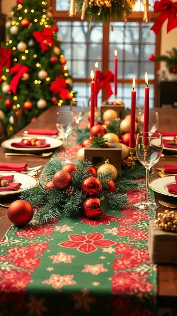 37+ Stunning Christmas Table Decorations You'll Love 12 A beautifully decorated Christmas table with a red and green table runner, candles, and ornaments.