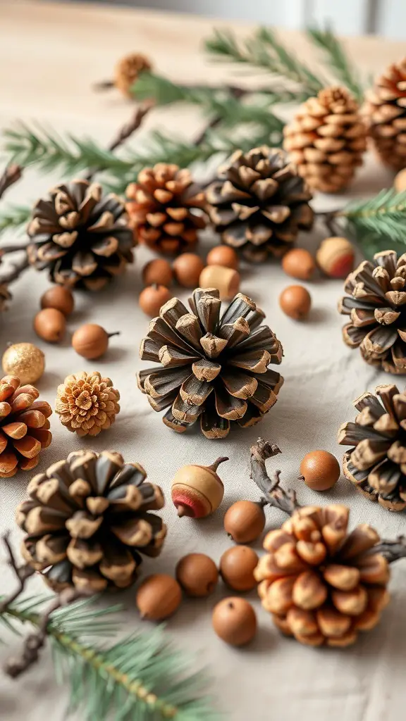 A collection of pinecones and acorns arranged with greenery on a light surface.