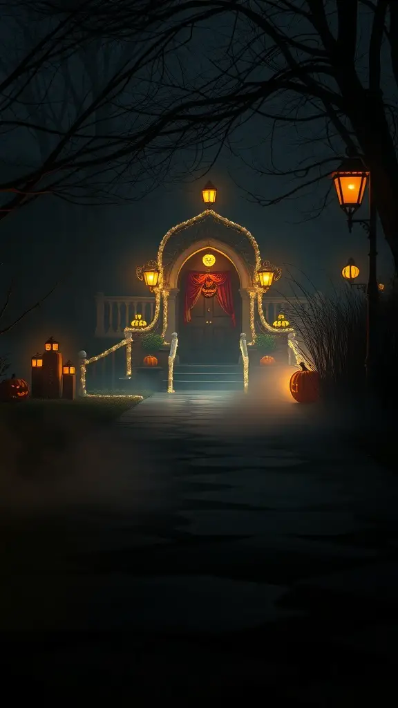 A foggy pathway leading to a decorated entrance with lanterns and pumpkins.