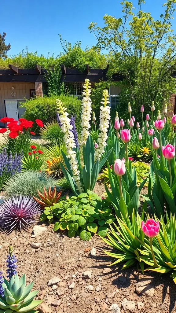 A colorful garden featuring drought-resistant plants, including tall white flowers, pink tulips, and red poppies.