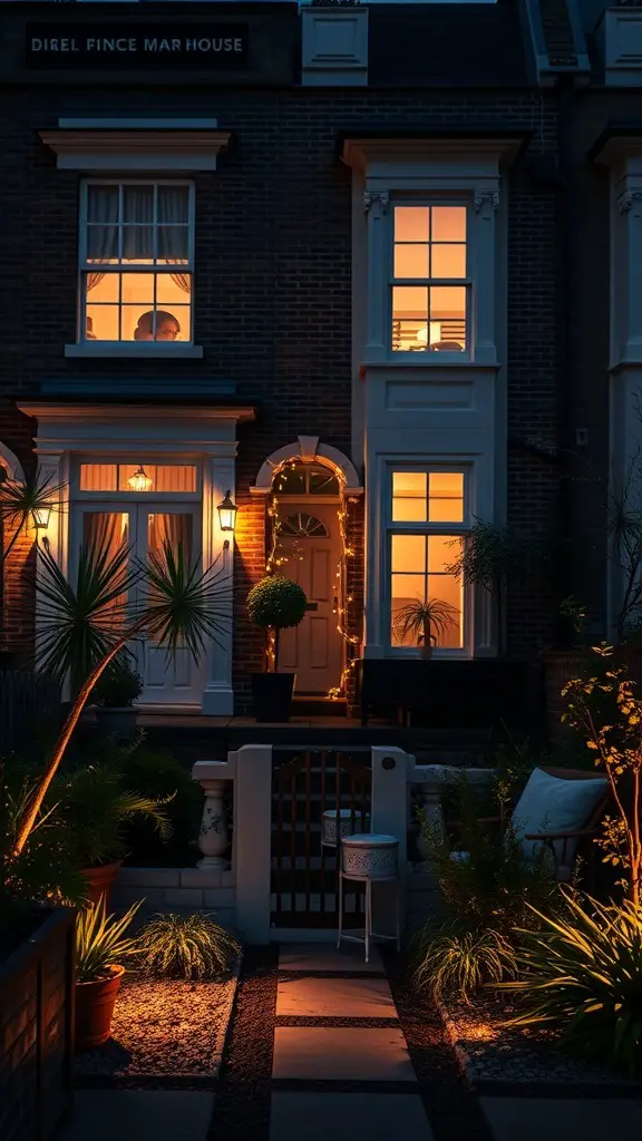 A townhouse garden illuminated with warm lights, showcasing a welcoming atmosphere.