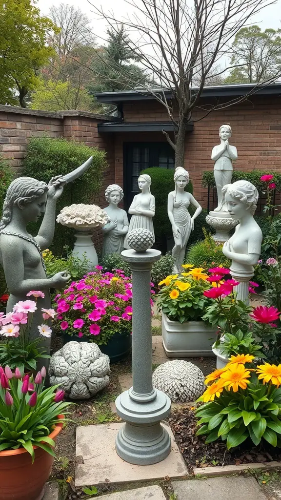 29+ Inspiring Small Urban Garden Design Ideas You’ll Love 13 A small urban garden featuring various sculptures and colorful flowers.