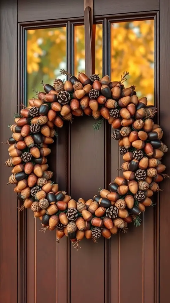 35+ Creative Fall Craft Ideas You’ll Love 6 A wreath made of acorns and pinecones hanging on a door.