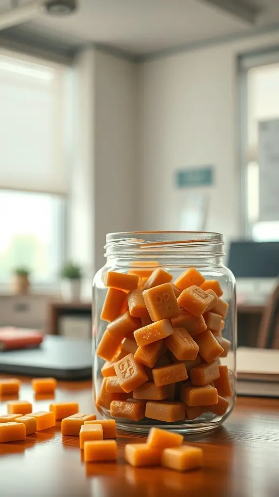 21+ Creative Office Candy Jar Ideas to Sweeten Your Workspace 16 A jar filled with caramel chews on a desk in an office setting.