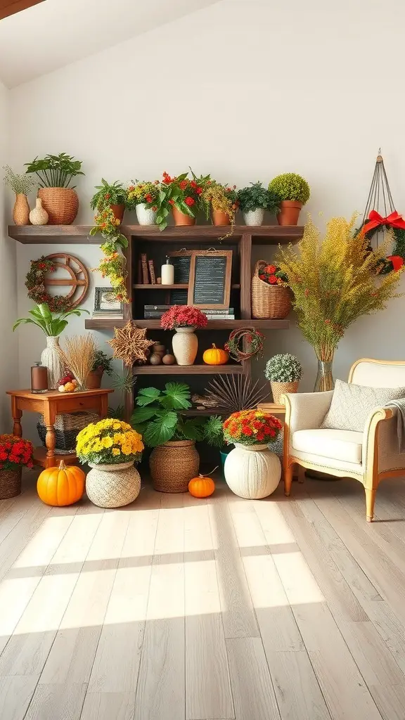 A cozy indoor space with seasonal plant arrangements, featuring colorful flowers, pumpkins, and greenery.
