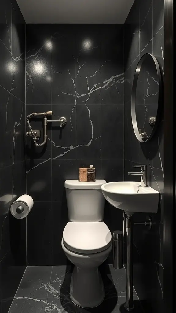 27+ Dark and Moody Powder Room Decor Ideas for a Chic Makeover 11 A dark moody powder room featuring modern plumbing fixtures, including a sleek toilet and minimalist sink against marble walls.