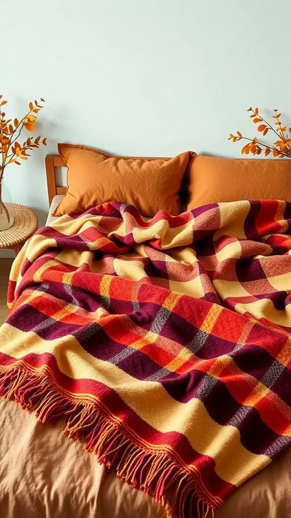 Cozy flannel sheets and a plaid blanket on a bed with warm-toned pillows.